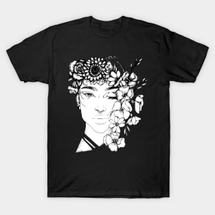 Pretty black and white ink floral girl tattoo art T-Shirt